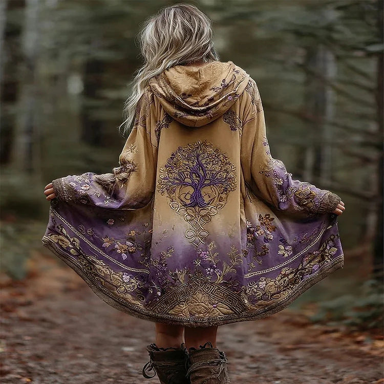 Damen Boho Kapuzenmantel im Schwung-Schnitt mit Baum-Motiv und Farbverlauf – Montévia