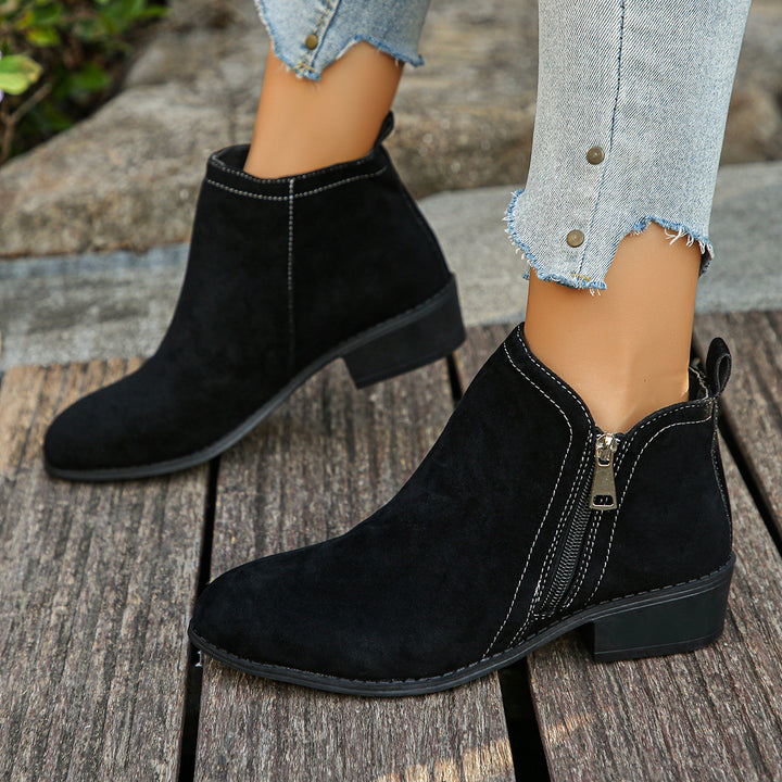 Damen elegante Ankle-Boots aus Velourslederimitat mit seitlichem Reißverschluss und niedrigem Blockabsatz Echo Archiv