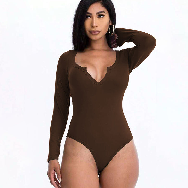 Damen figurbetontes V-Ausschnitt-Stringbody mit langen Ärmeln – Bodéline