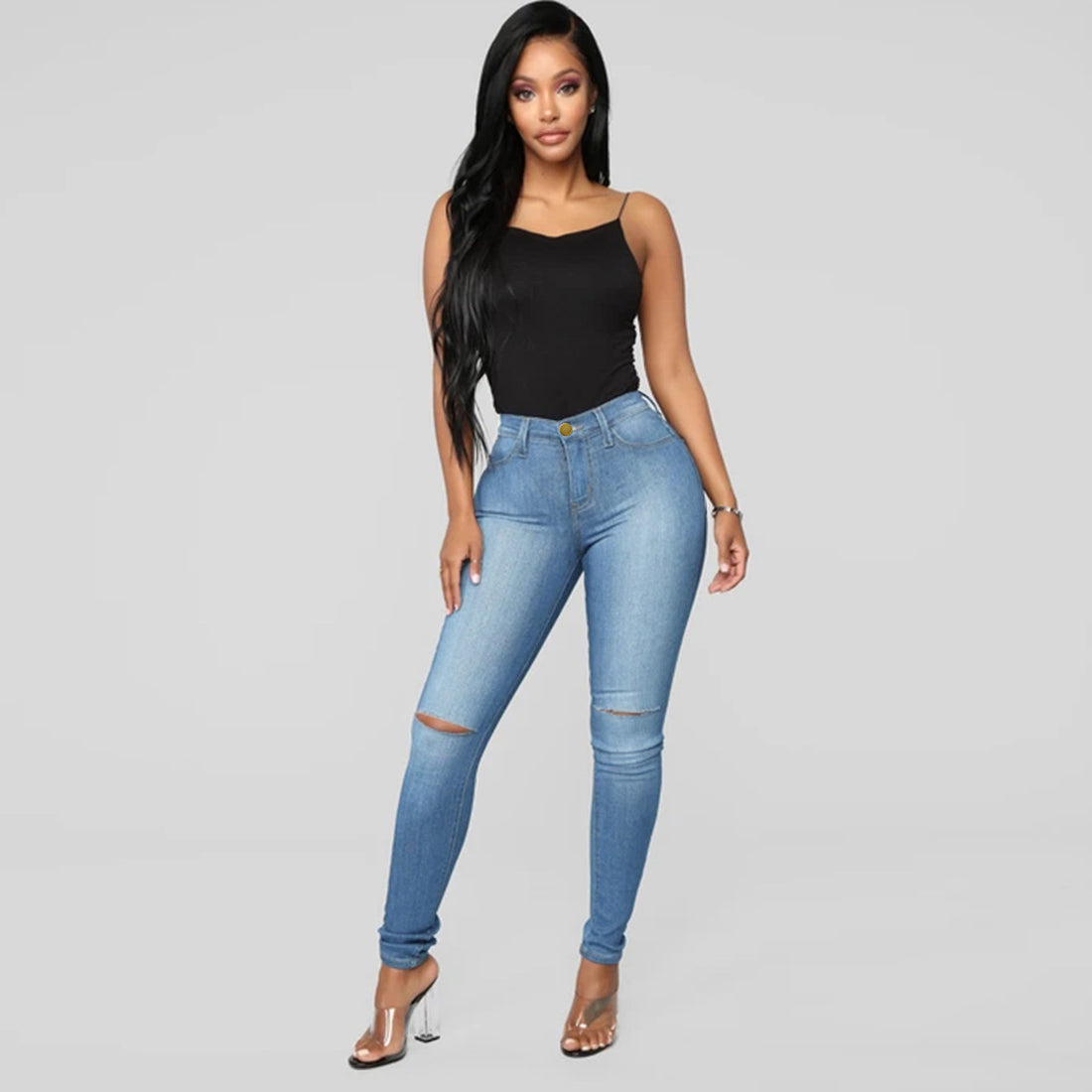 Damen High-Waist Skinny-Jeans mit Knie-Rissen und figurformendem Schnitt Echo Archiv