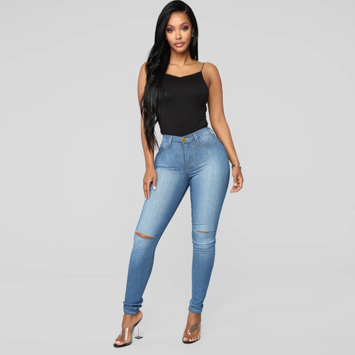 Damen High-Waist Skinny-Jeans mit Knie-Rissen und figurformendem Schnitt Echo Archiv