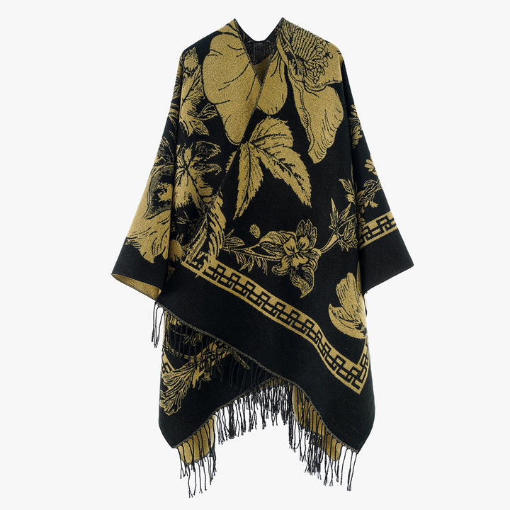 Damen Rechteckiger Jacquard-Überwurf mit floralem Allovermotiv und Fransensaum – Avérine
