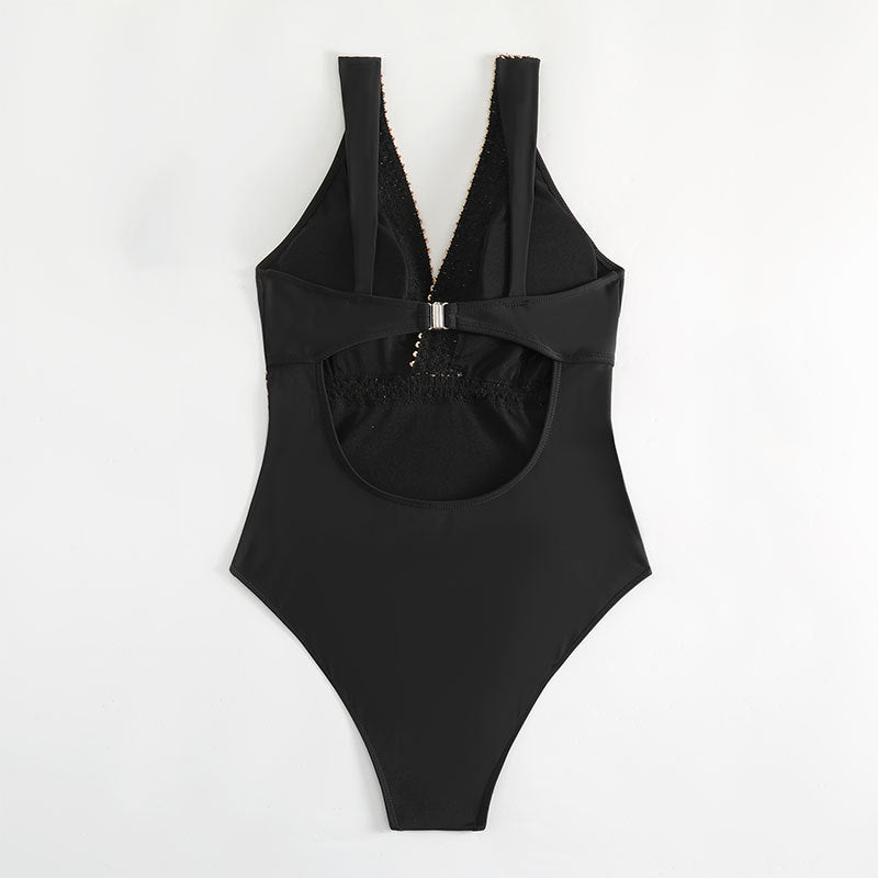 Damen Einteiler Badeanzug mit elegantem V-Ausschnitt und goldenen Details Echo Archiv