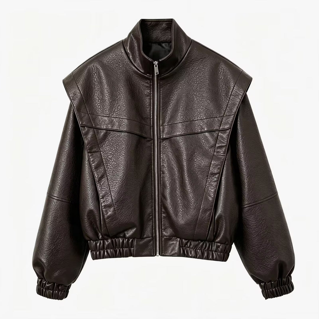 Damen Cropped Jacke im futuristischen Biker-Look aus veganer Lederoptik mit hohem Stehkragen und elastischem Saum Echoarchiv