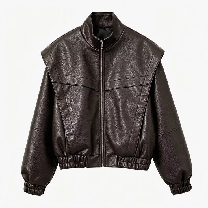 Damen Cropped Jacke im futuristischen Biker-Look aus veganer Lederoptik mit hohem Stehkragen und elastischem Saum Echoarchiv