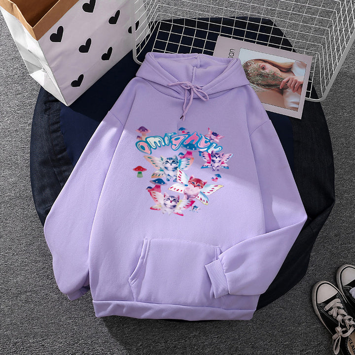 Damen Kapuzenpullover mit verspieltem Katzen‑Schmetterlings-Print und Kängurutasche – Auréline