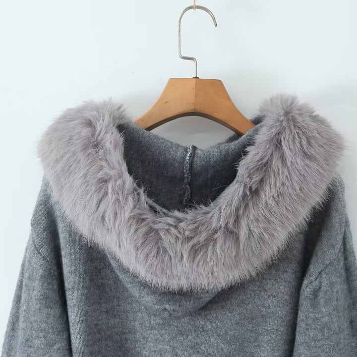 Damen Kurzgeschnittene Strickjacke mit Reißverschluss und abnehmbarem Kunstfellkragen Echoarchiv