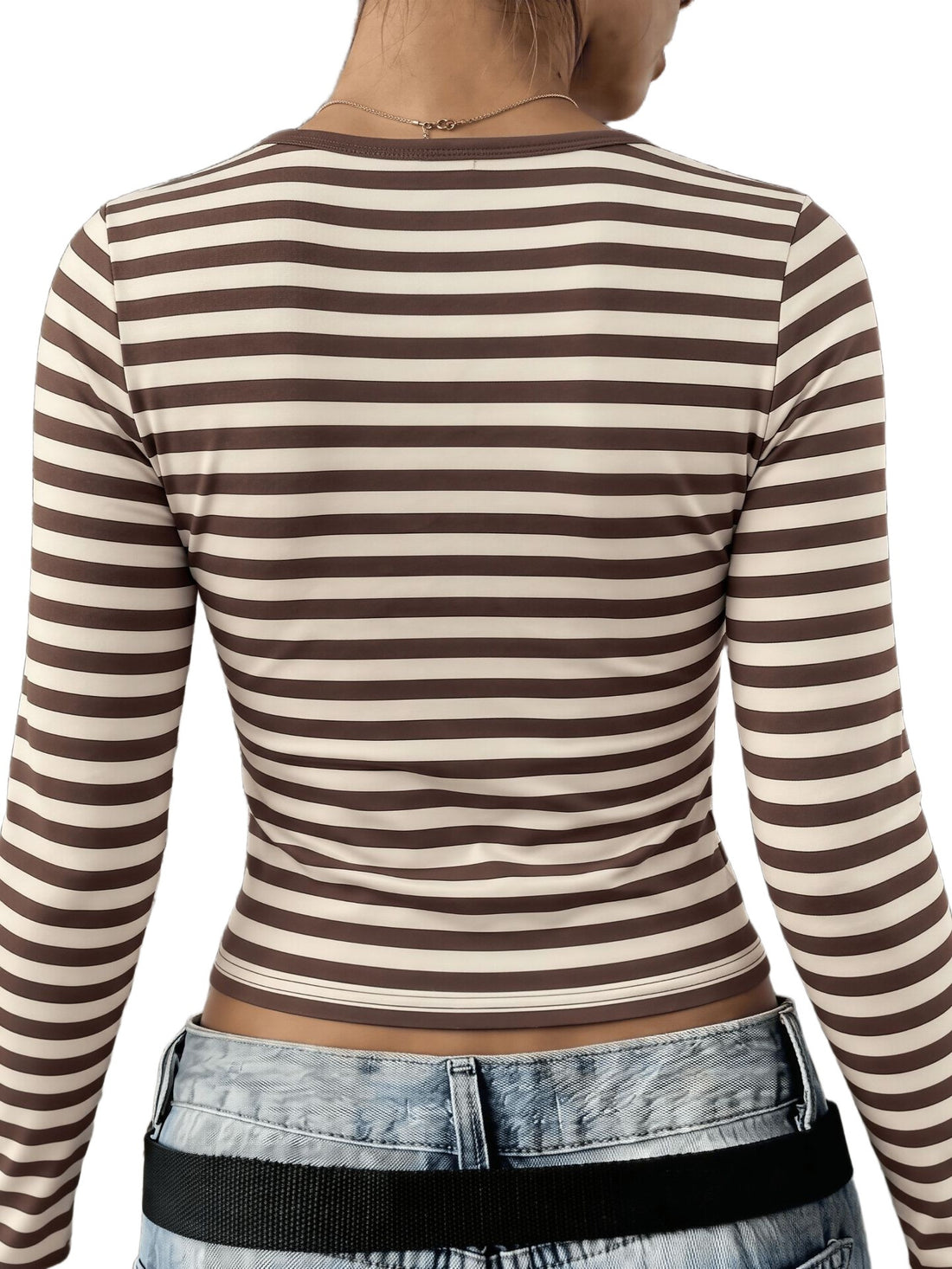 Damen Gestreiftes tailliertes Langarm-Henley-Shirt mit U-Boot-Ausschnitt Echoarchiv