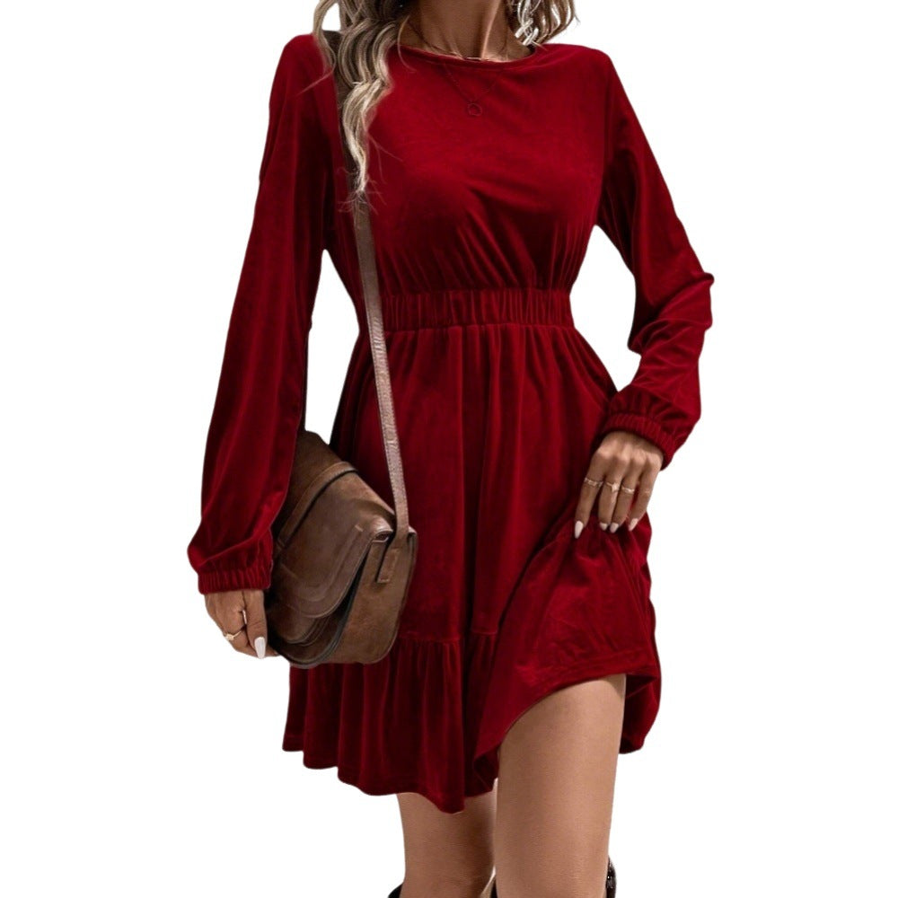 Damen Samt‑Minikleid mit elastischer Taillennaht und stufigem Volantrock – Élara