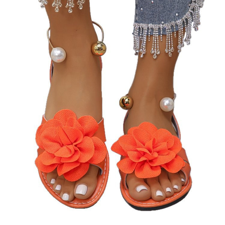 Damen Blumensandalen mit großer 3D-Blütenapplikation und Slingback – Sorelia