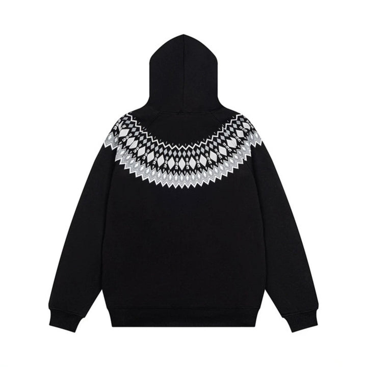 Unisex Oversize Kapuzenpullover mit nordischem Rundpasse-Jacquard, Kängurutasche und Rippbündchen Echoarchiv
