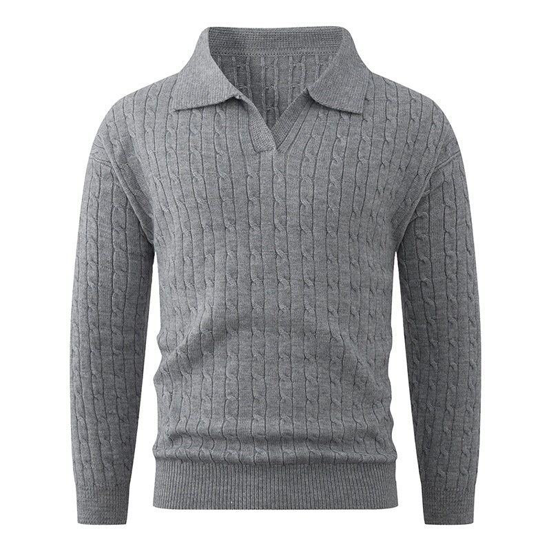 Herren Kabelstrick-Polo-Pullover mit V-Ausschnitt und Zopfmuster Echo Archiv