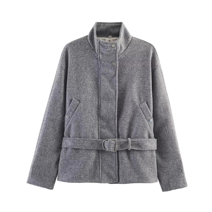 Damen taillierte Kurzjacke im Wollmix mit Stehkragen, Druckknopfleiste und Bindegürtel – Célinea