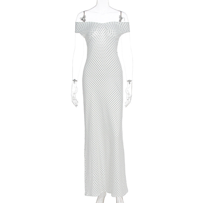 Damen Elegantes Maxikleid mit schulterfreiem Design und punktuellem Muster Echo Archiv