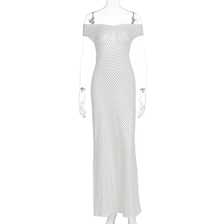 Damen Elegantes Maxikleid mit schulterfreiem Design und punktuellem Muster Echo Archiv