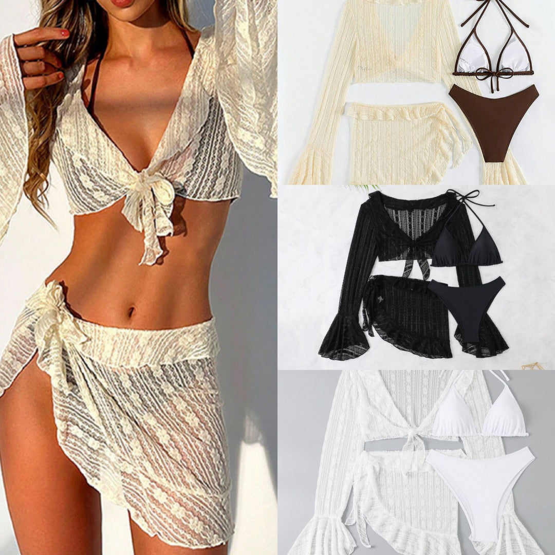 Damen Beachwear-Set mit eleganter Spitzenjacke und klassischem Bikini Echo Archiv