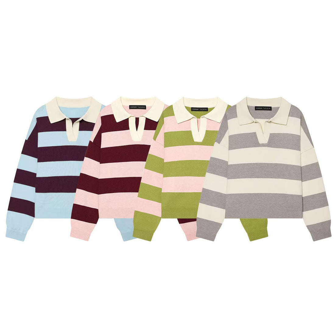 Damen Oversize Rugby-Pullover mit Polokragen und breiten Blockstreifen Echoarchiv