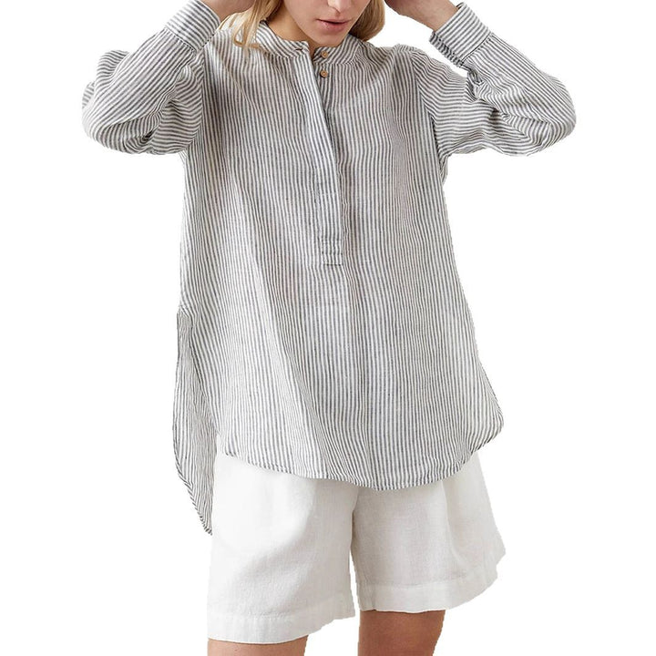 Damen Leichtes gestreiftes Tunika-Bluse mit Stehkragen und hohem Saum – Avérine