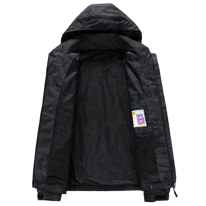Herren Technische wasserdichte Kapuzenjacke mit grafischem Camouflage‑Print, Reißverschlusstaschen und verstellbarem Saum Echo Archiv