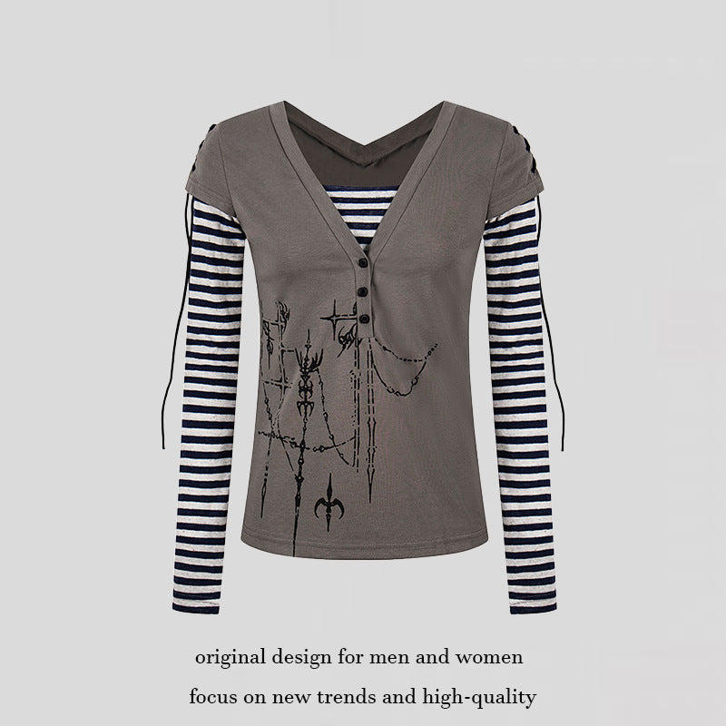 Damen Lagen-Langarmshirt mit V-Ausschnitt, Streifen-Innenlayer und Schnürdetail Echoarchiv