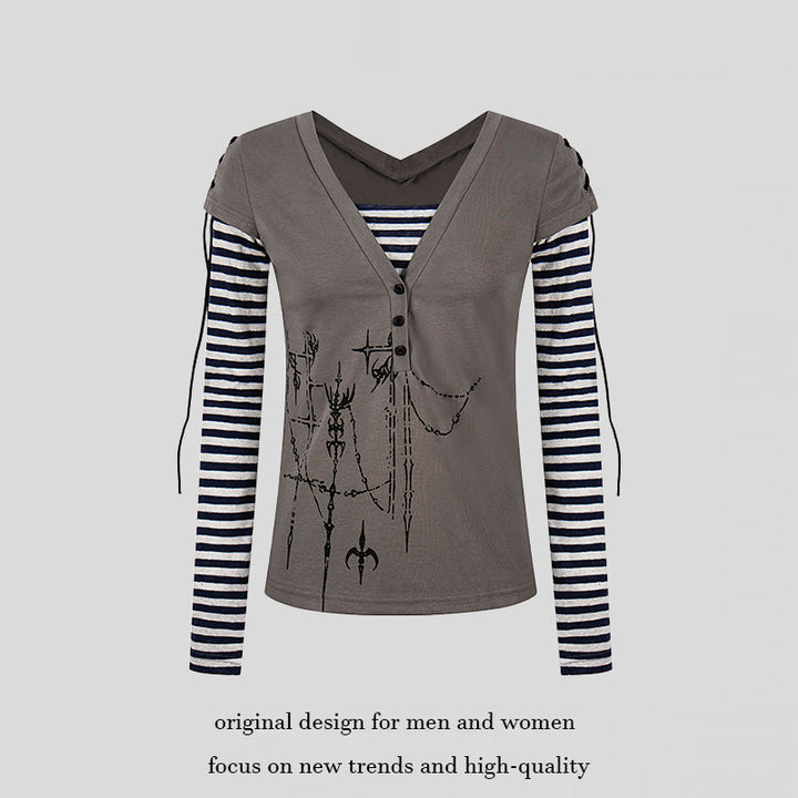 Damen Lagen-Langarmshirt mit V-Ausschnitt, Streifen-Innenlayer und Schnürdetail Echoarchiv