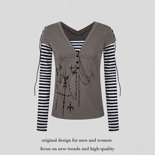 Damen Lagen-Langarmshirt mit V-Ausschnitt, Streifen-Innenlayer und Schnürdetail Echoarchiv