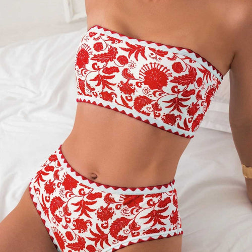 Damen Bandeau-Bikini-Set mit farbenfrohem floralen Muster und elastischem Gürtel Echo Archiv