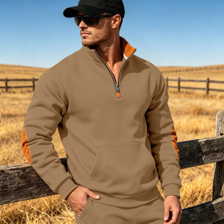 Herren Athletisches Halbzip-Sweatshirt mit Ellenbogenpatches und Kängurutasche Echoarchiv