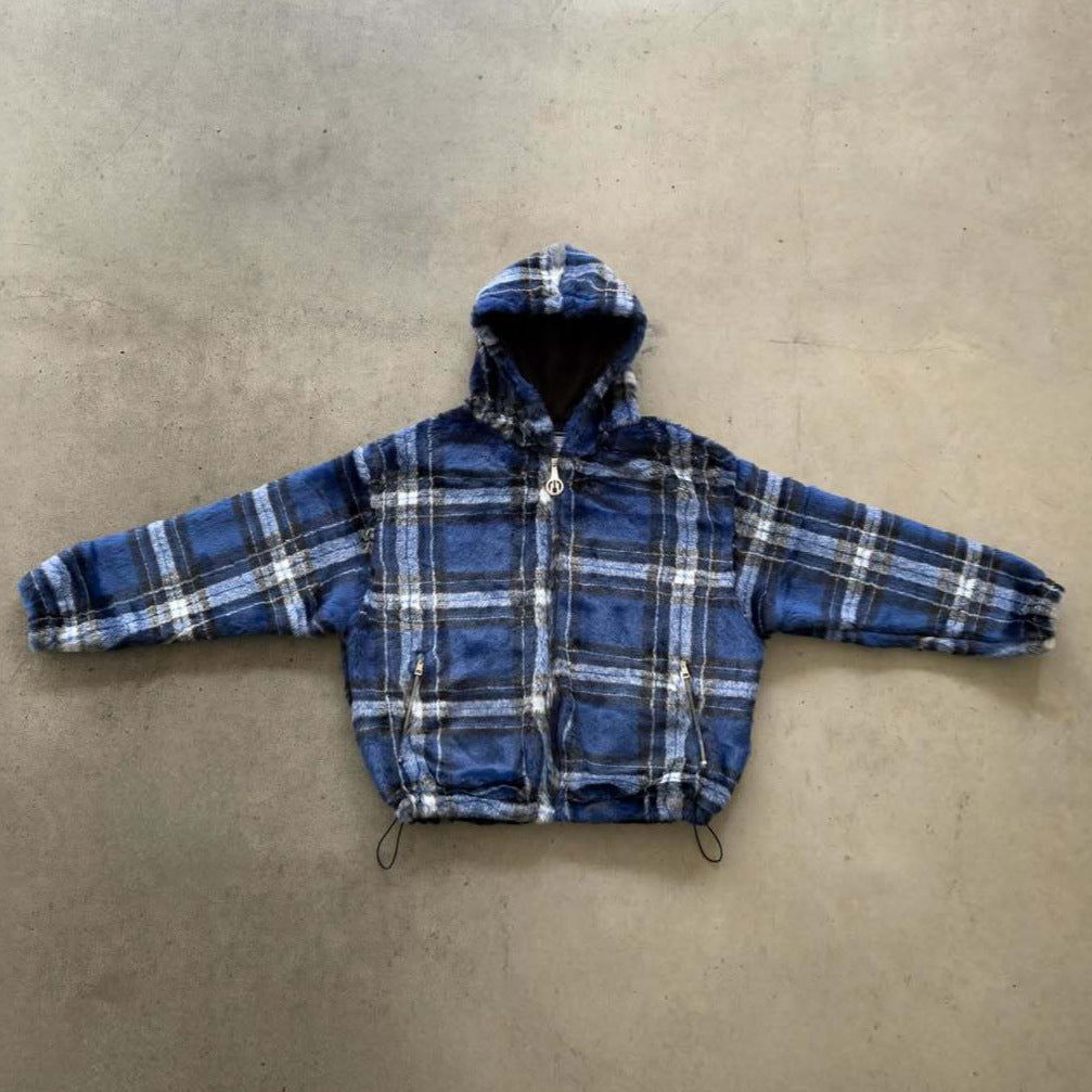 Unisex nan gefütterte Plaid-Fleece-Bomberjacke mit Kapuze Kordelzug und Reißverschlusstaschen Echo Archiv
