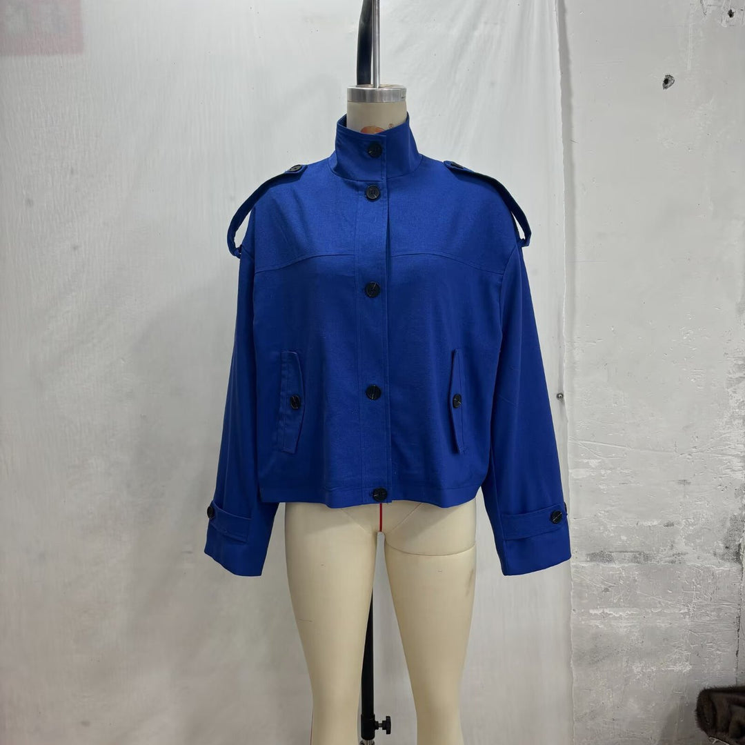 Damen Boxy-Cropped Jacke mit Stehkragen Schulterpatten und Pattentaschen Echo Archiv