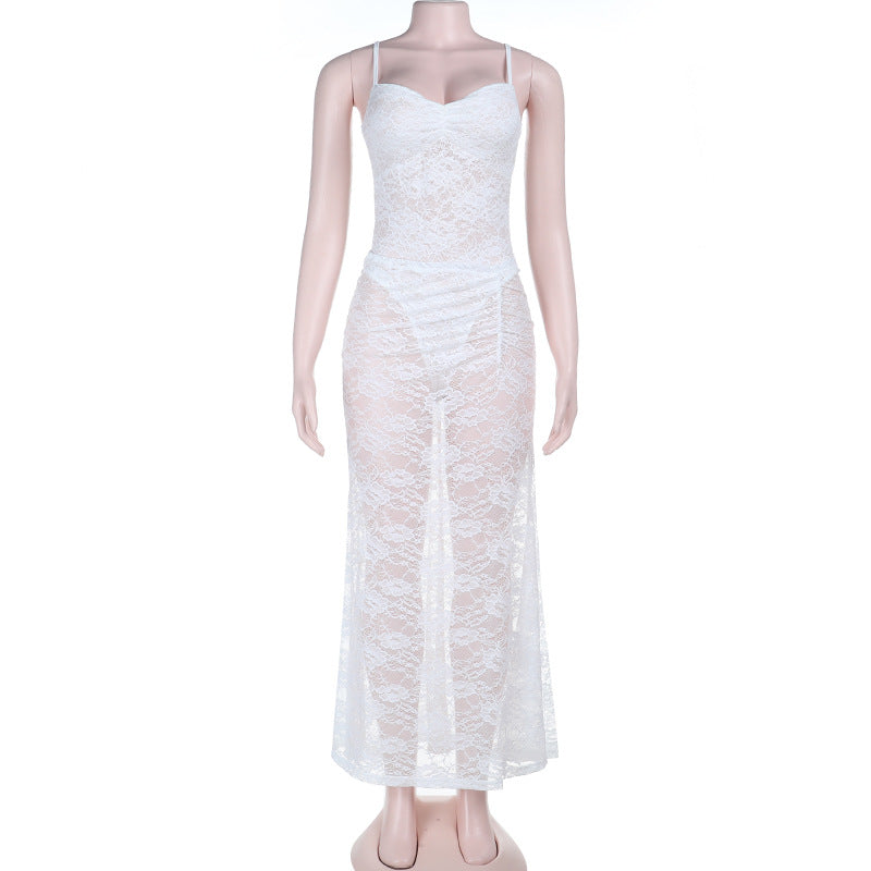 Damen sexy Spitzen Maxi-Kleid mit verstellbaren Trägern und Herzen-Ausschnitt Echo Archiv