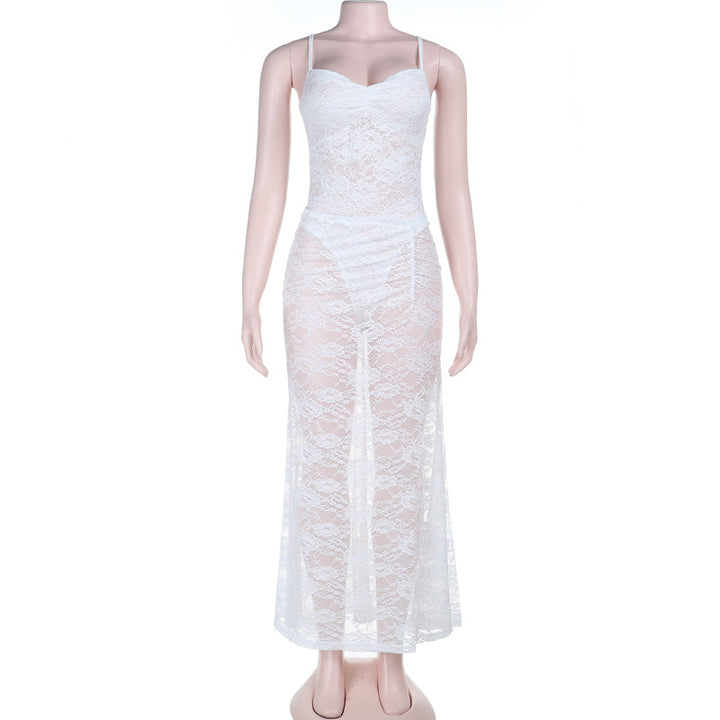 Damen sexy Spitzen Maxi-Kleid mit verstellbaren Trägern und Herzen-Ausschnitt Echo Archiv