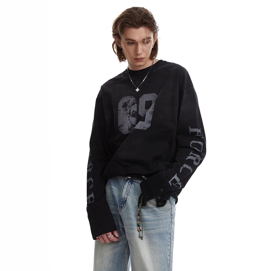Herren Oversize-Longsleeve-Sweatshirt mit Print, verlängerten Manschetten und Used-Details Echoarchiv