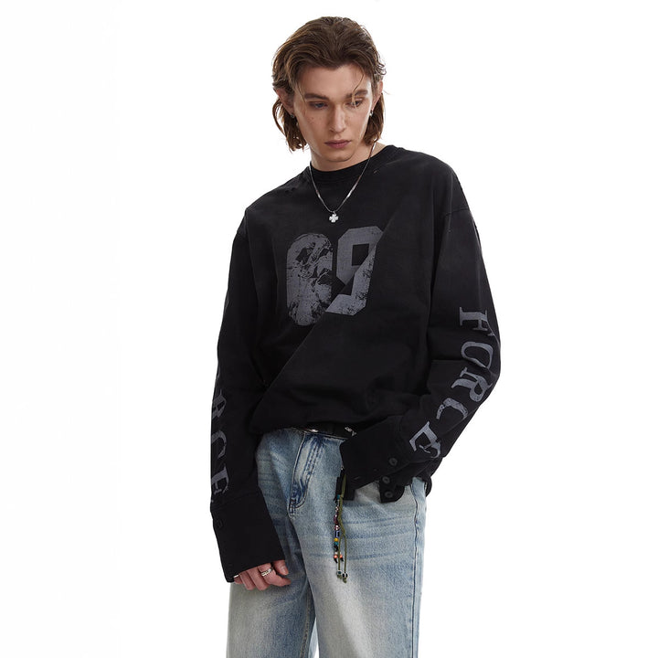 Herren Oversize-Longsleeve-Sweatshirt mit Print, verlängerten Manschetten und Used-Details Echoarchiv