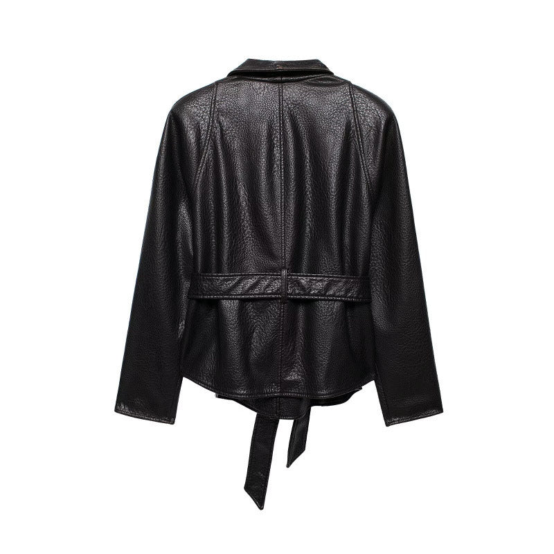 Damen Kurzjacke aus genarbtem Leder mit Schalkragen und Bindegürtel Echo Archiv