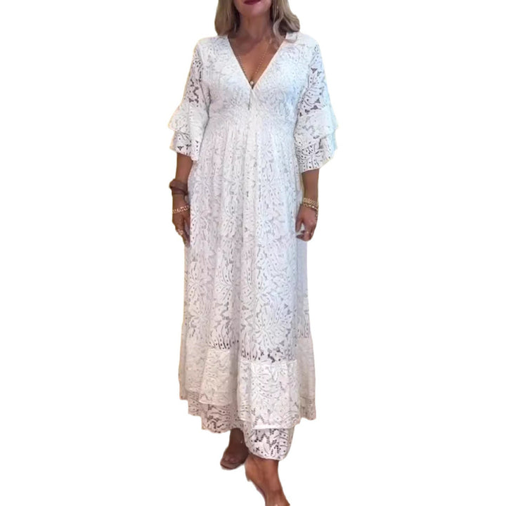 Damen nan Boho-Spitzen-Maxikleid mit V-Ausschnitt, Unterbrustnaht und gestuften Volantärmeln Echo Archiv