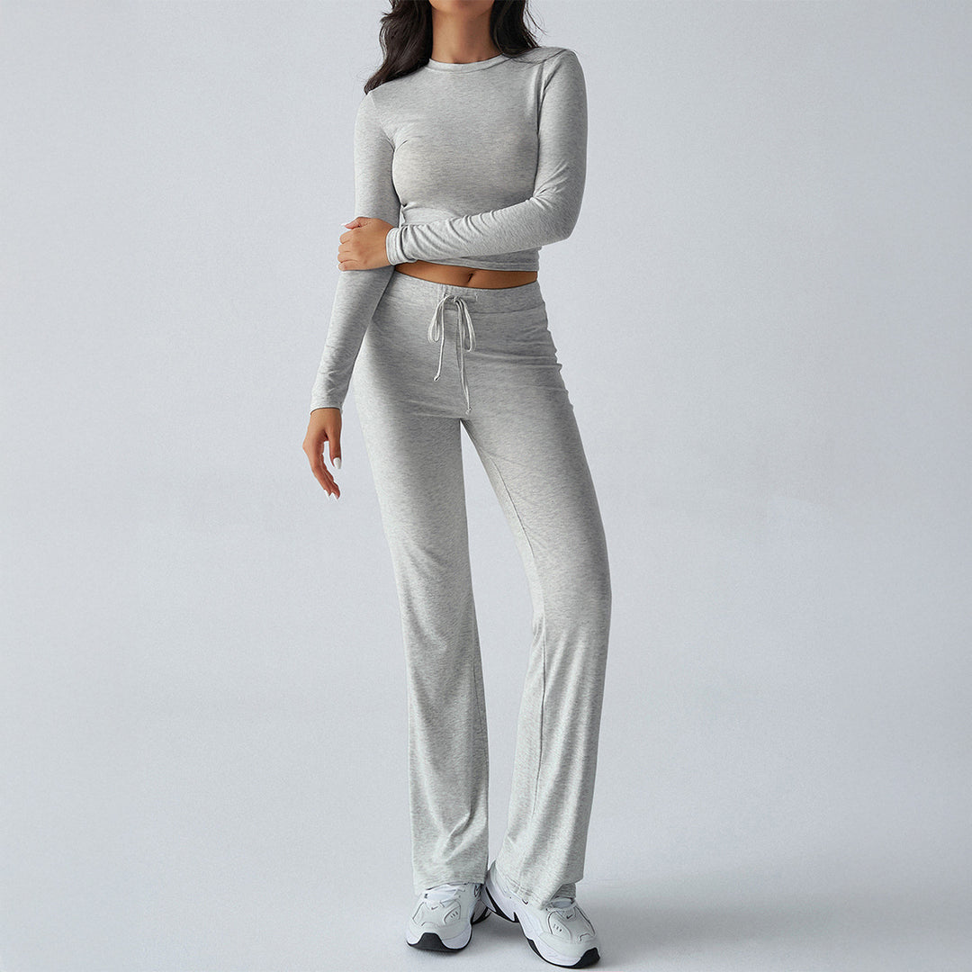 Damen nan tailliertes Longsleeve-Crop-Top und weite Lounge-Hose im Zweiteiler-Set aus Stretchjersey Echo Archiv