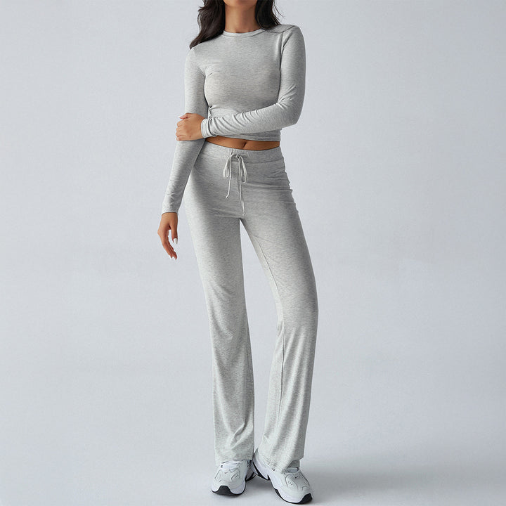 Damen nan tailliertes Longsleeve-Crop-Top und weite Lounge-Hose im Zweiteiler-Set aus Stretchjersey Echo Archiv