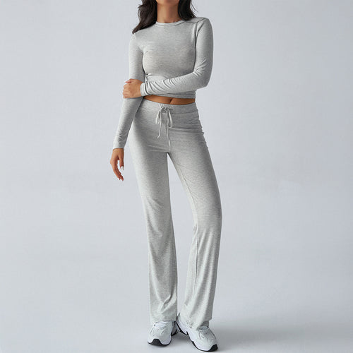 Damen nan tailliertes Longsleeve-Crop-Top und weite Lounge-Hose im Zweiteiler-Set aus Stretchjersey Echo Archiv