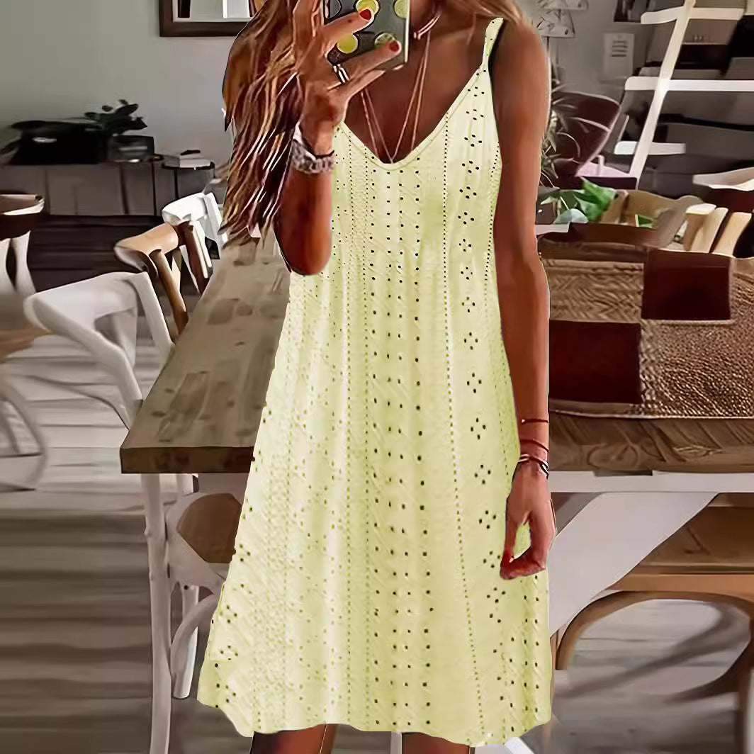 Damen Ärmelloses Sommerkleid mit dekorativem Lochmuster und V-Ausschnitt Echoarchiv
