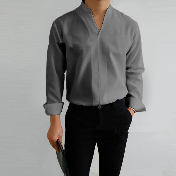 Herren Langarmhemd im modernen Mandarin-Kragen-Stil mit eleganter Knopfblende Echoarchiv