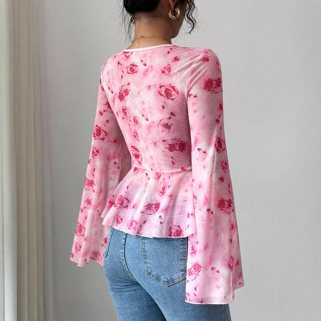 Damen Chiffonbluse mit Bindeknoten, V‑Ausschnitt und ausgestellten Glockenärmeln – Avérine