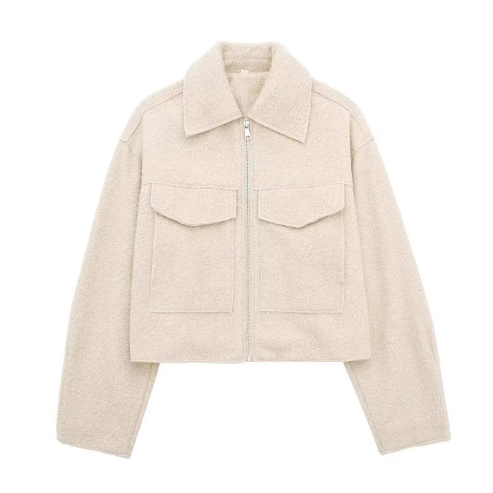 Damen Kurzgeschnittene Sherpa-Jacke mit Reißverschluss und aufgesetzten Pattentaschen Echoarchiv