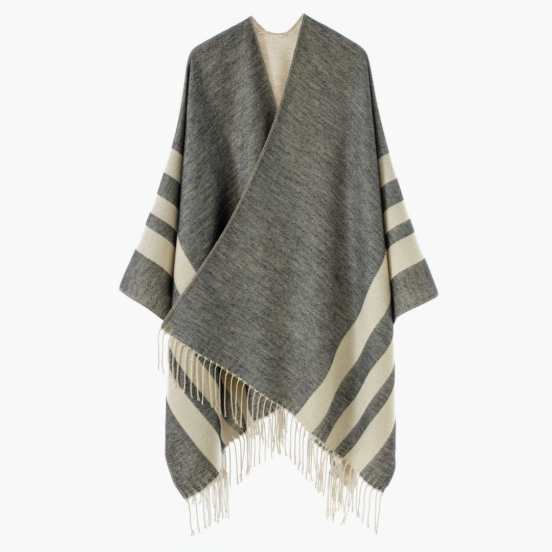 Damen Wendbarer Strickcape-Poncho mit Fransen und kontrastierenden Streifen – Avérine