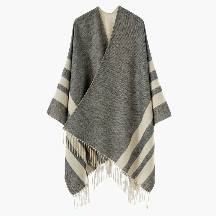Damen Wendbarer Strickcape-Poncho mit Fransen und kontrastierenden Streifen – Avérine