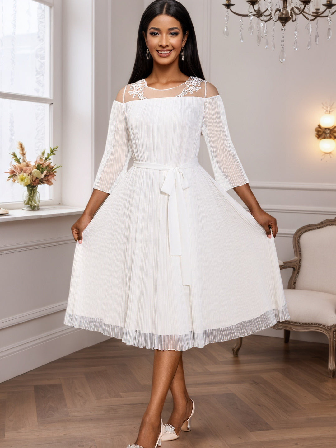 Damen festliches Faltenkleid mit Spitzenakzenten Echo Archiv