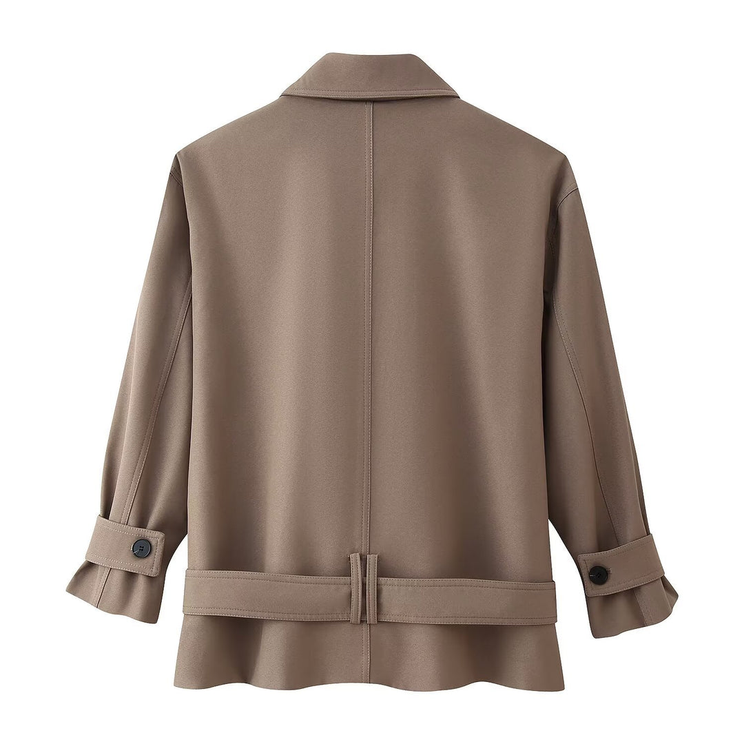 Damen Kurzer doppeltreihiger Trenchcoat mit Stehkragen und Taillengürtel Echo Archiv