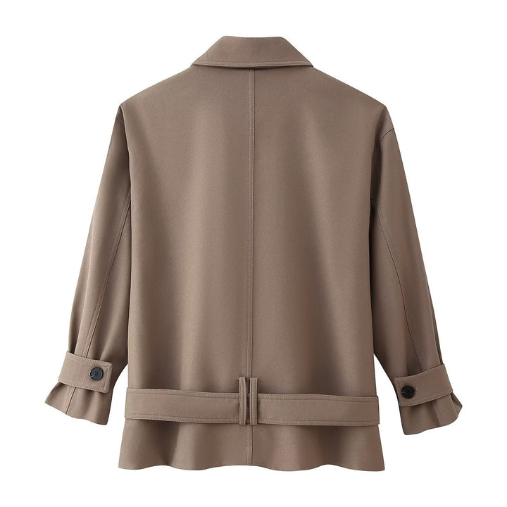 Damen Kurzer doppeltreihiger Trenchcoat mit Stehkragen und Taillengürtel Echo Archiv