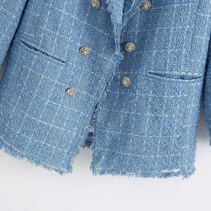 Damen Doppelreihiger Bouclé-Tweed-Blazer mit Fransenbesatz Echoarchiv