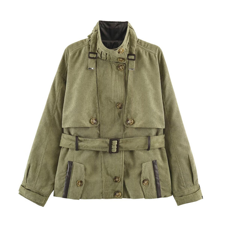 Damen Kurze Cord-Trenchjacke mit Taillengürtel, Cape-Detail und Stehkragen Echo Archiv